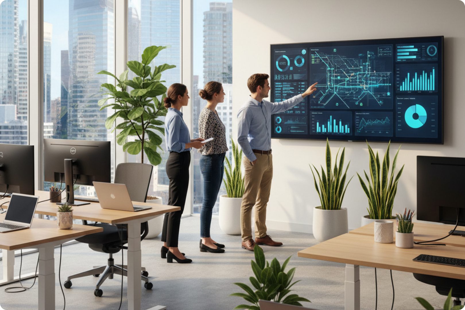 Développement de villes intelligentes et durables Illustration d'une personne utilisant une tablette connectée à des bâtiments urbains avec des icônes wifi, cloud et de localisation